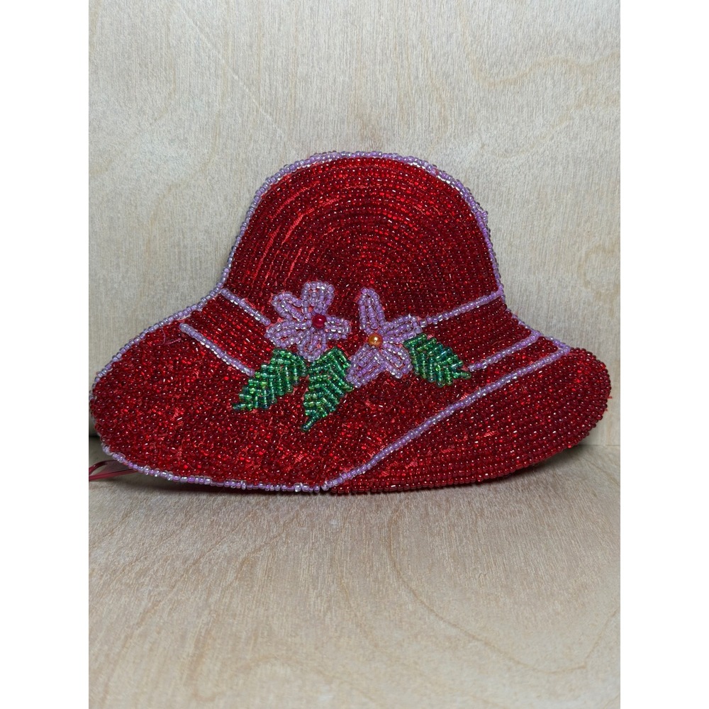 Red Beaded Sun Hat Coin Purse Floral Seed Bead Zipper Pouch Mini Bag